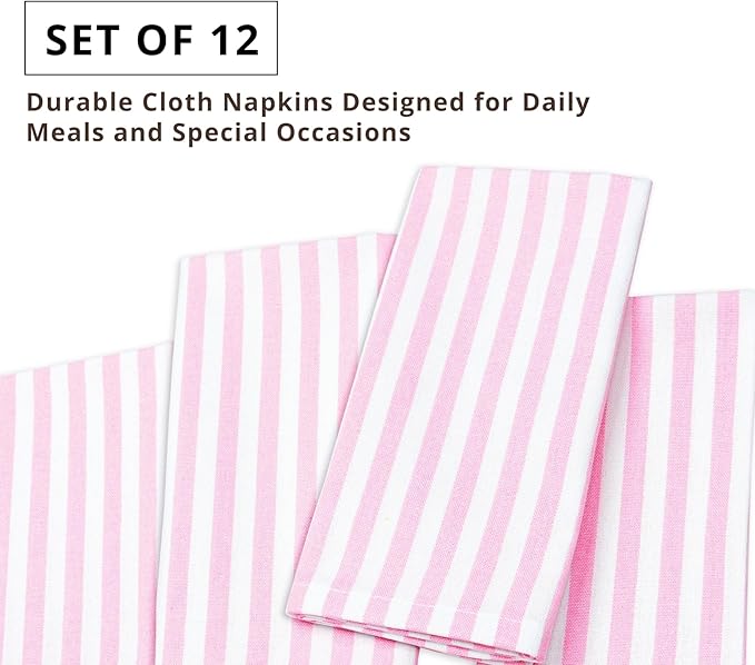 PurpleEssences Plain Striped Cloth Napkins - Set of 12-100% Cotton - 18 x 18 Inch - Spring Easter Summer and Perfect Everyday Use Dinner Napkin - Blush Pink and White