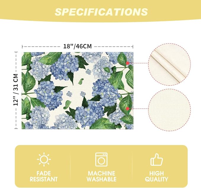 Artoid Mode Watercolor Hydrangea Placemats for Dining Table, 12 x 18 Inch Spring Summer Seasonal Decoration Rustic Washable Table Mats Set of 4 Purple