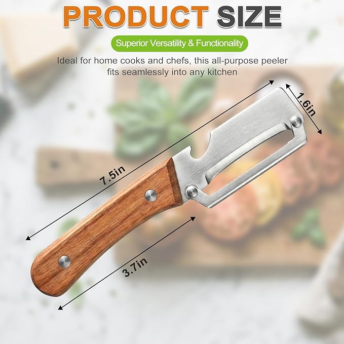 Multi Functional Vegetable Peeler with Wooden Handle and Bottle Opener, Stainless Steel Kitchen Peeler Tool for Potato Carrot Pumpkin Papaya, Premium Single Blade Food Peelers (1pcs)