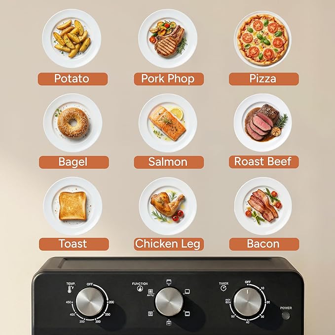 SMIRLY 6-in-1 Air Fryer Toaster Oven Combo, 27QT Convection Oven Countertop, 60 Min Timer, 1800W Oven for Toast, Roast, Bake, Reheat, Broil, Warm, Fits up to a 5 lb Turkey, 12" Pizza, 8 Toast, Black