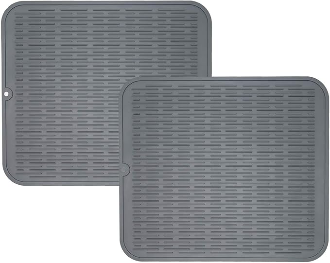 ZLR 2 Pcs Large Silicone Dish Drying Mat (16" x 18") - XL Heavy Duty Drainboard Mat for Pots, Pans & Family Loads - Heat Resistant Trivet & Counter Protector, Easy Clean (Dark Gray)