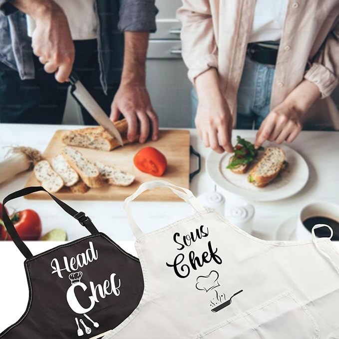 MBMSO Head Chef and Sous Chef Aprons Matching Family Aprons with Pockets Mum Dad Son Daughter Kitchen Apron Housewarming Gift