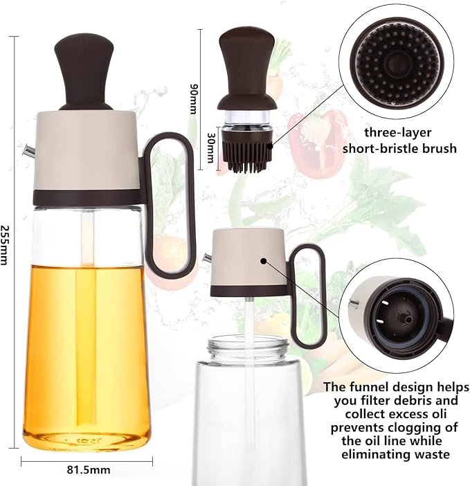 Glass Olive Oil Dispenser Bottle With Silicone Brush 3 In 1, Vinegar Soy Sauce Dispenser, Silicone Dropper Measuring Olive oil Sprayer Kitchen Gadgets for Cooking, Baking, BBQ Pancake, Air Fryer