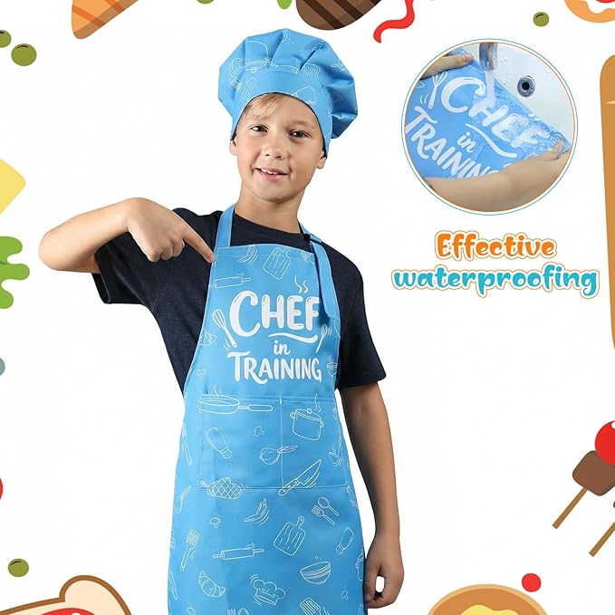 Kids Apron and Chef Hat Set, Funny Apron with 2 Pockets, Adjustable Kids Aprons for Cooking for Boys and Girls