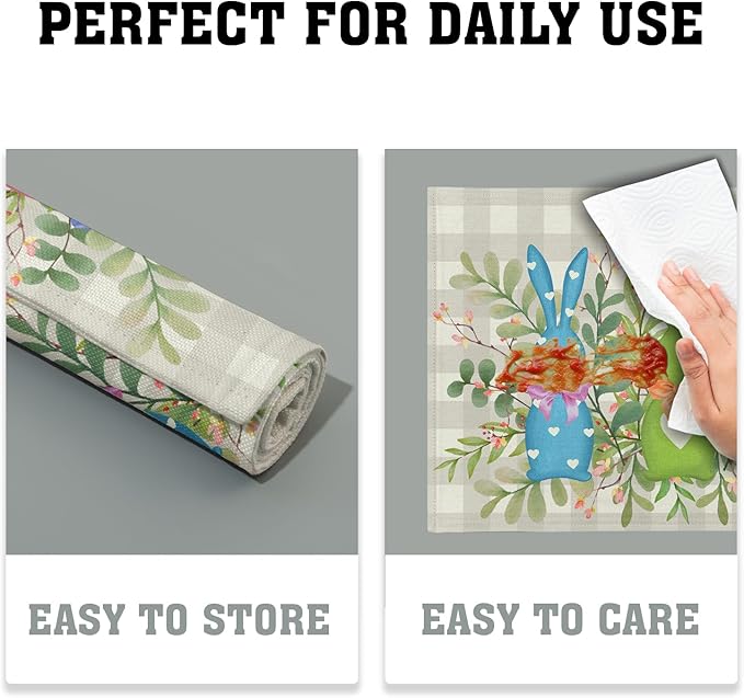 Easter Placemats Set of 4，Bunny Rabbits Green Leaves Table Kitchen Mat 12x18 Inch Floral Spring Decor Holiday Table Mats for Seasonal Party Kitchen Dining Decoration