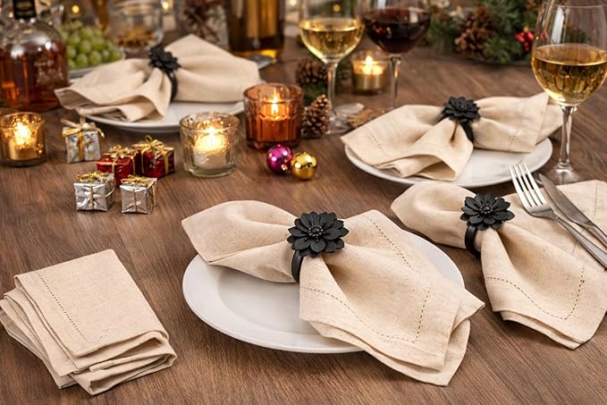 ALPHA Living HOME Linen Cloth Napkins Set of 48, 18x18 Inches Flax Cotton Dinner Napkins, Natural Fabric with Hemstitched Mitered Corners, Reusable & Machine Washable for Wedding, Party & Table Decor