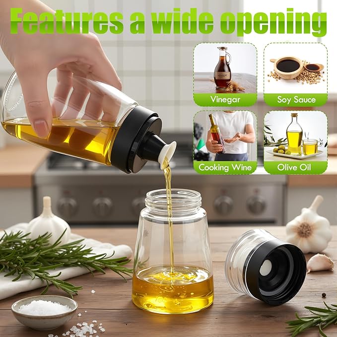 2 Pcs Oil and Vinegar Dispenser Set, 5.4 oz Olive Oil Bottle with No Drip Top, Glass Salad Dressing Cruet Bottles Soy Sauce Dispenser Leakproof Container for Kitchen Cooking Dressing