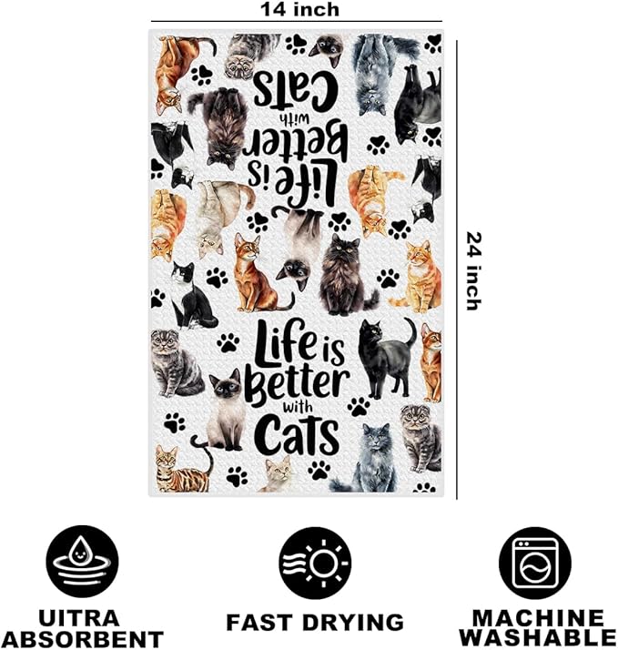 Jztco Cute Cat Kitchen Towels, Floral Cats Gifts Reusable Hand Tea Towel, Waffle Dish Towels for Kitchen Home Bathroom Decor, Cat Lover Gifts for Women Mom 24x14 Inch