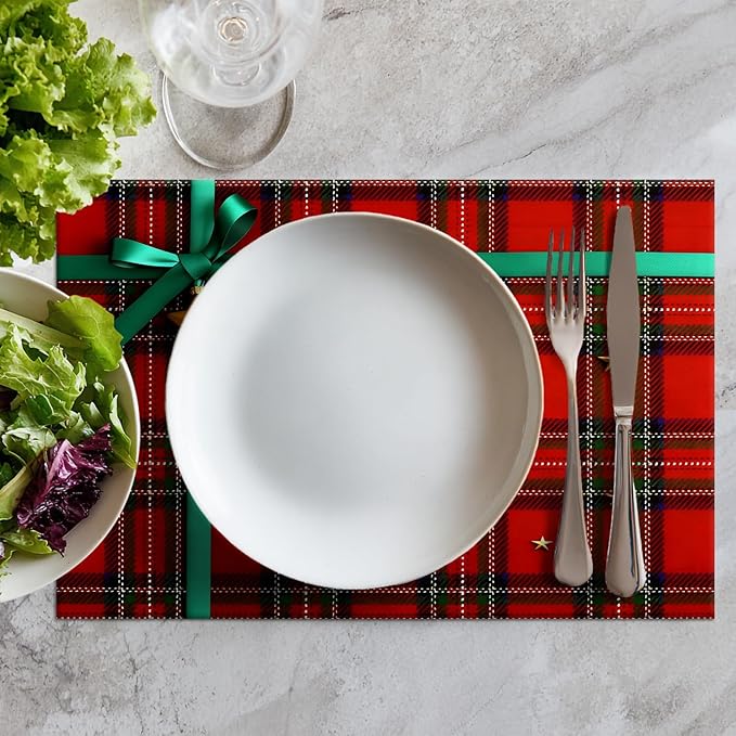 Batmerry Placemats,Bow and Empty Tag On Scottish Plaid Washable Linen Table Mats for Kitchen Table Double Insulation Decor Dining Set Indoor Outdoor 12X18 in Set of 4