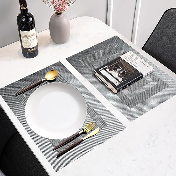 PIGCHCY Placemats - Heat Resistant, Washable Woven Table Mats - Durable Vinyl - Set of 4 (Silver Black)