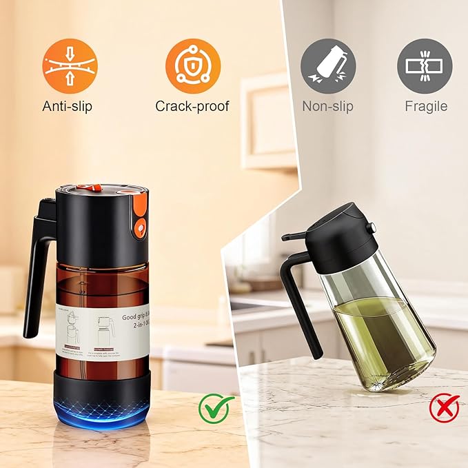 2-IN-1 Oil Sprayer for Cooking with 8 Stickers Light-Blocking Dark Glass Olive Oil Dispenser Bottle for Kitchen 500ml/16.9oz Oil Mister for Air Fryer, BBQ,Salad Even Spray with Portion Control-2PC
