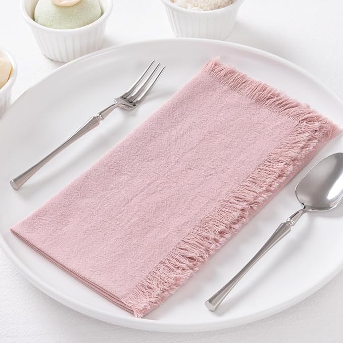 DeZerlor 6 Pack Pink Cotton Linen Napkins with Fringe Spring Cloth Napkins Set of 6 Boho Handmade Dinner Napkins Bulk for Wedding Bridal Baby Shower Parties, 17 x 17 Inches