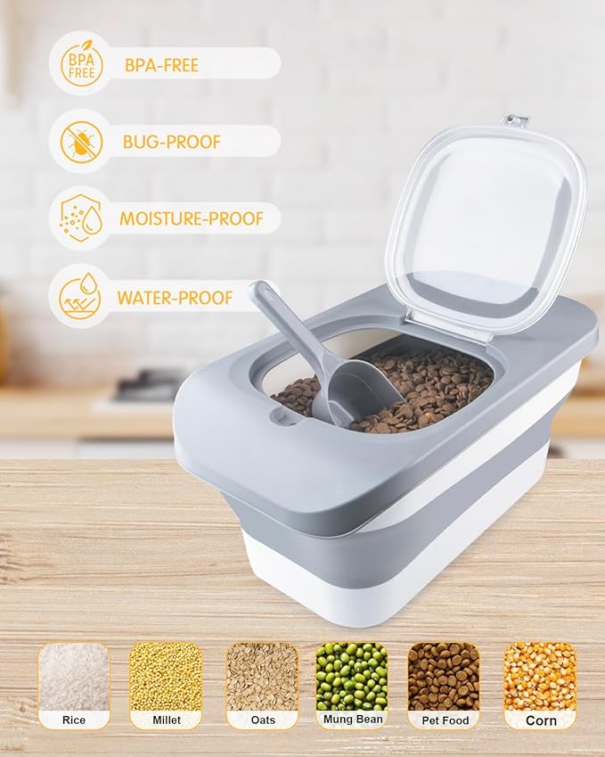 HOYTAMDAR 13 Lbs Dog Food Container, Collapsible Dog Food Storage Container with Airtight Lid, Cat Food Storage container Dry Food for Pets, Rice, Cereal, Silicone Pet Bowl and Dog Food Scoop