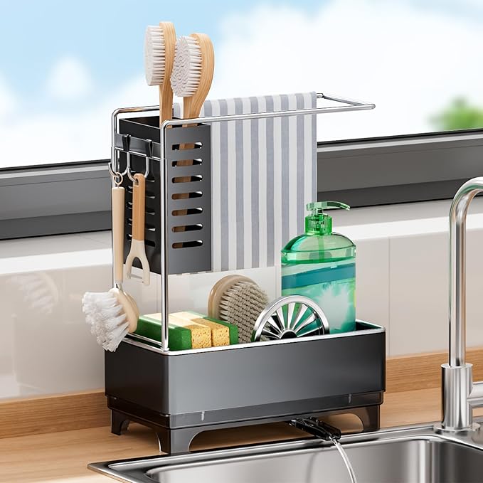 Kitchen Sink Caddy, Sponge Holder for Kitchen Sink with Brush Holder & Dishcloth Rack, Rustproof Sink Organizer Countertop, Kitchen Organizers Storage Essentials, Black