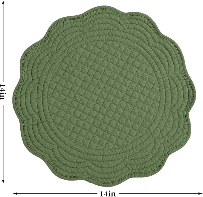 HOMBYS Quilted Placemats Set of 6 Washable Round Placemats for Kitchen Table-100% Cotton Fabric 14 Inch Round Table Mats, Cotton Fabric with Microfiber Filling (14"x14", Emerald Green)