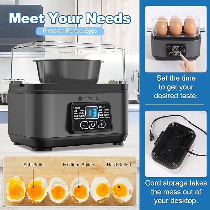 Tesslux Electric Rapid Egg Cooker, 6 Egg Capacity for Hard Boiled Eggs, Poached Eggs, Scrambled Eggs, or Omelets Maker with Auto Shut Off (Gray)