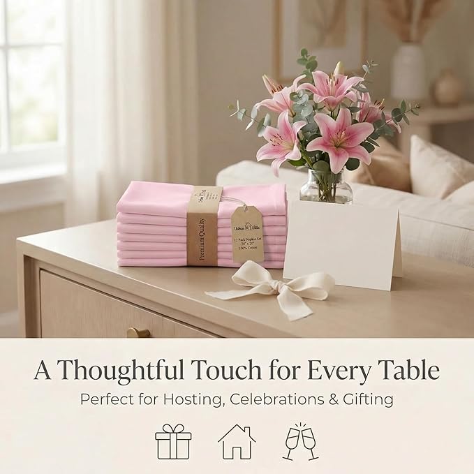 Urban Villa Cloth Napkins Pink Dinner Napkins Set of 12(20X20)100% Cotton Slub Absorbent Washable Durable Reusable Cloth Napkins Ideal for Easter Decorations Hotel Collection Farmhouse Parties Napkins