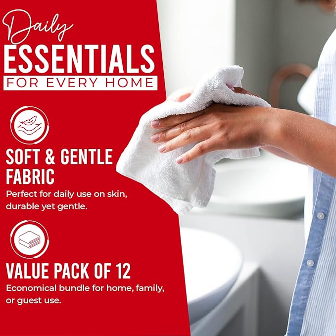 DAN RIVER 12 Pack Wash Cloths for Showering [12x12] - 100% Cotton Washcloths Premium Quality Flannel Face Cloths for Bathroom, Highly Absorbent and Soft Feel Wash Clothes, Red