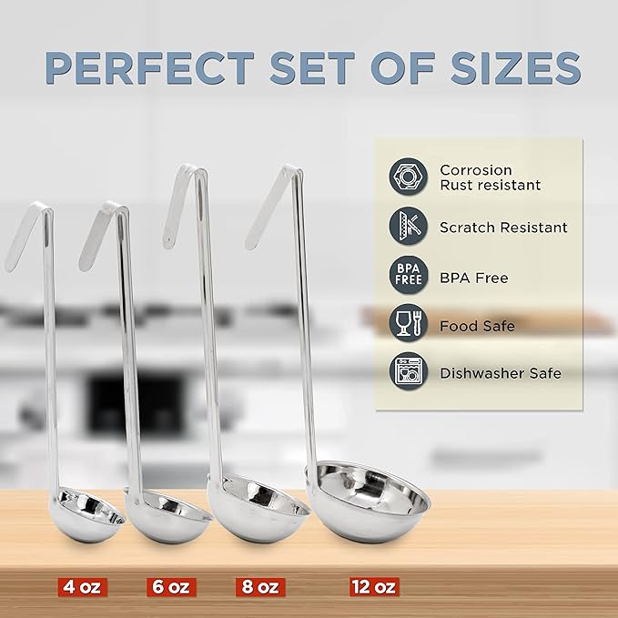 Fit Meal Prep Stainless Steel Soup Ladle One-Piece Sauce Spatula with Hook Handles, Commercial Grade Serving Spoon, Kitchen Tool for Restaurant or Home Cooking [Pack of 4] - 4oz, 6oz, 8oz, 12oz
