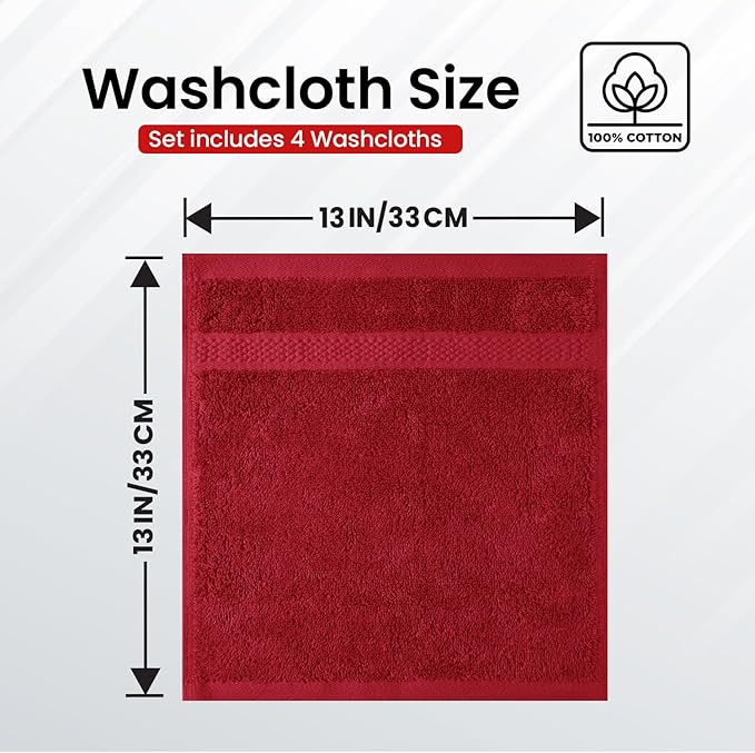 Infinitee Xclusives Luxury Wash Cloths for Showering [13x13] – 100% Cotton Washcloths [Pack of 4], Soft and Absorbent Face Towels for Bathroom Wash Clothes, Gym, and Spa (Burgundy)