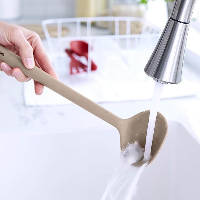 GreenPan Silicone Ladle, Soup Mixing Stirring Serving, Cooking Kitchen Utensil, Flexible Rubber Nonstick Cookware, Rigid Steel Core, Heat-Resistant, Anti-Slip Handle, BPA-Free, Dishwasher Safe, Taupe