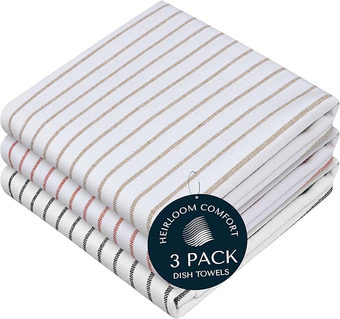 Multi Colors Kitchen Towels 3 Pack, 100% Cotton, Classic Striped Towel Set, Super Absorbent & Durable Dish Cloths, Quick Drying Fabric for Drying Dishes - Beige, Rust, Black