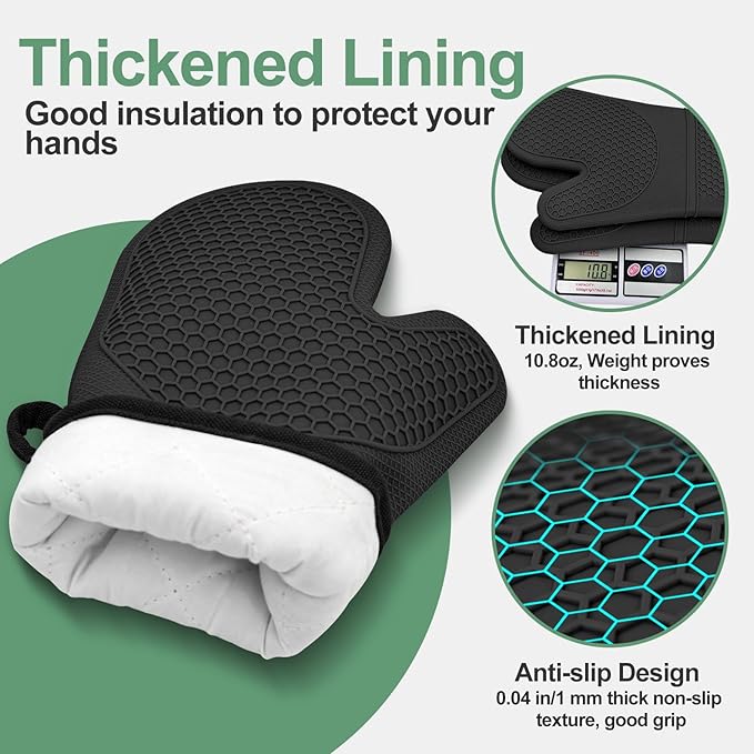 Silicone Oven Mitts Heat Resistant to 500ºF - [Ultra Heat Resistant] [Thickened Liner] [Waterproof Silicone] Kitchen Oven Gloves Mittens for Cooking, 1 Pair (Black)