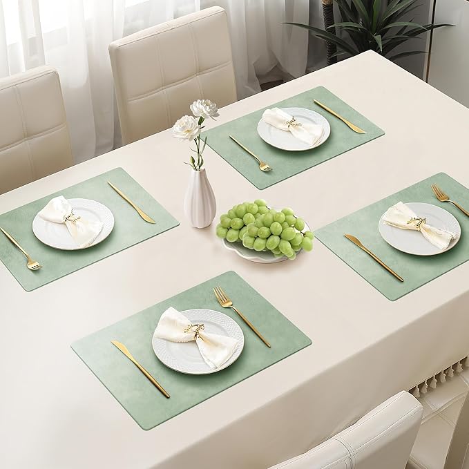Roxifina Faux Leather Placemats Set of 8 - Vinyl Placemats Wipeable Waterproof Oil-Proof PU Place Mats Heat Resistant Reversible Table Mats for Dining, Kitchen, Outdoor, 12 x 17 Inch (Green)