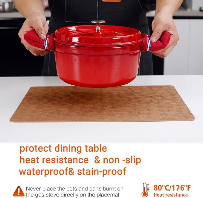 Vinyl Placemats Set of 4 Heat Resistant Easy Clean Non-Slip Place Mats for Dining Table Faux Leather Waterproof Stain Resistant Wipeable Washable PVC Table Mats(4, Light Brown)