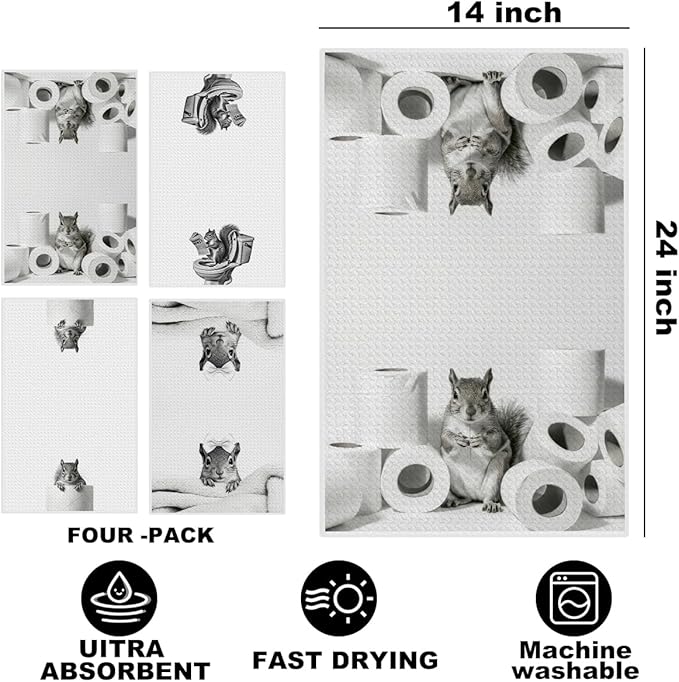 4 Pcs Funny Squirrel Decor Bathroom Hand Towels 24x14 Inch, Squirrel Gifts Reusable Dish Towels for Bathroom Restroom Decor, Cute Animal Waffle Weave Hand Towel, Squirrels Lovers Gifts for Women Mom