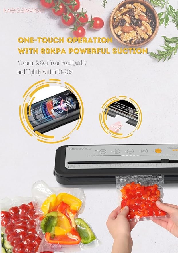 MEGAWISE 2025 Powerful Vacuum Sealer Machine | Compact Design | One-Touch Automatic | Seal in 10-20 Seconds | Dry, Moist, Wet, and Cold Modes | With 10 Vacuum Bags & Built-in Cutter