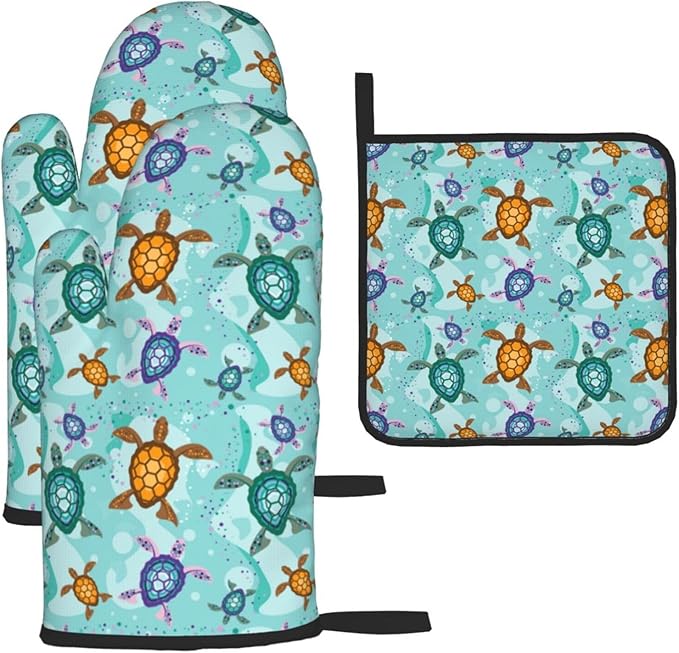 Cute Sea Turtle Beach Oven Mitts and Pot Holders Set Ocean Themed Decorative Heat Resistant Microwave Oven Gloves for BBQ Baking Grilling Cooks Kitchen Decor 3 Piece