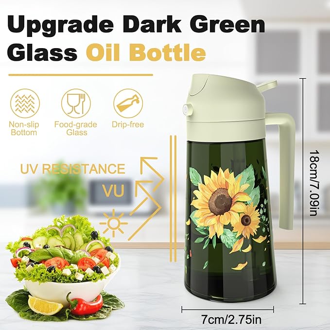 COOLMI Oil Sprayer for Cooking, 2 in 1 Olive Oil Dispenser Bottle Set for Kitchen, Food-Grade Glass Green Oil Vinegar Bottle Container - 16OZ/470ML Set of 2 (Black + Beige)