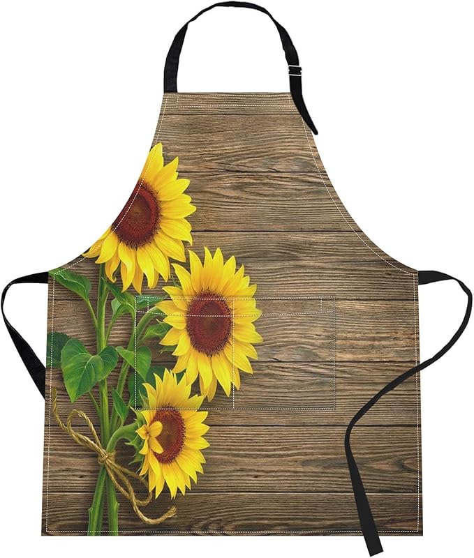 Britimes Apron Home Kitchen Cooking Baking Gardening for Women Men with Pockets Autumn Sunflowers Wooden Board Flower 32x28 inch
