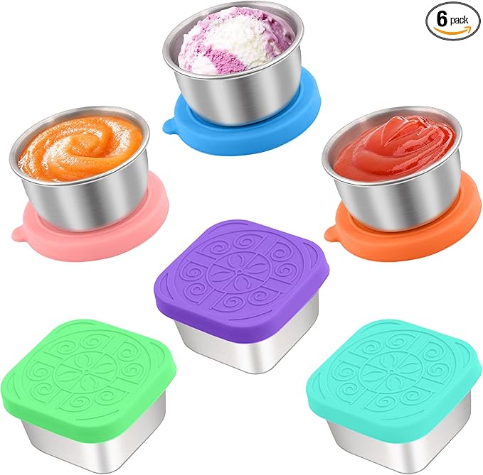 Qukaka 6 PCS Salad Dressing Container to Go,Handy Leakproof Stainless Steel Meal Prep Containers Reusable,Sauce Containers for Lunch Box, Picnics, Travel, Office and Kitchen Storage-1.6oz+2.7oz