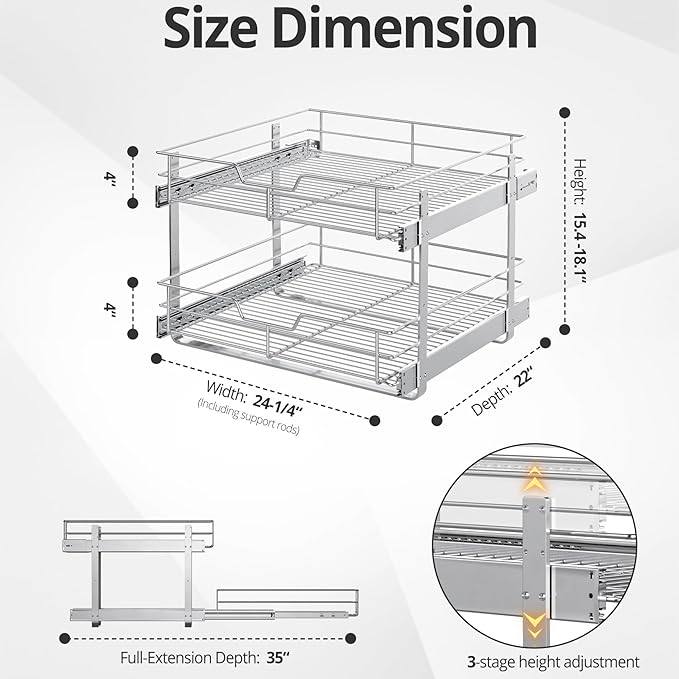 ZOINLIY Pull Out Cabinet Organizer, Versatile Slide Out Kitchen Organizers and Storage,Heavy Duty Drawer Cupboard Storage Basket, Smooth Sliding, Chrome Finish (2-Tiers-24¼''W×22“D)
