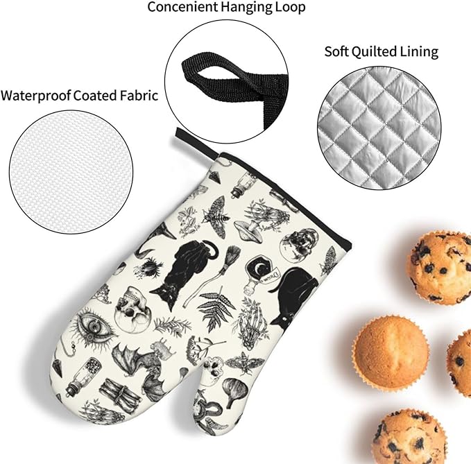 Witch Gothic Pot Holders and Oven Mitts Set, Witchy Wicca Black Cat Skull Kitchen Oven Gloves Hot Pads, Halloween Goth Kitchen Mitts for Cooking Baking Grilling BBQ, Gothic Witchy Gifts for Women