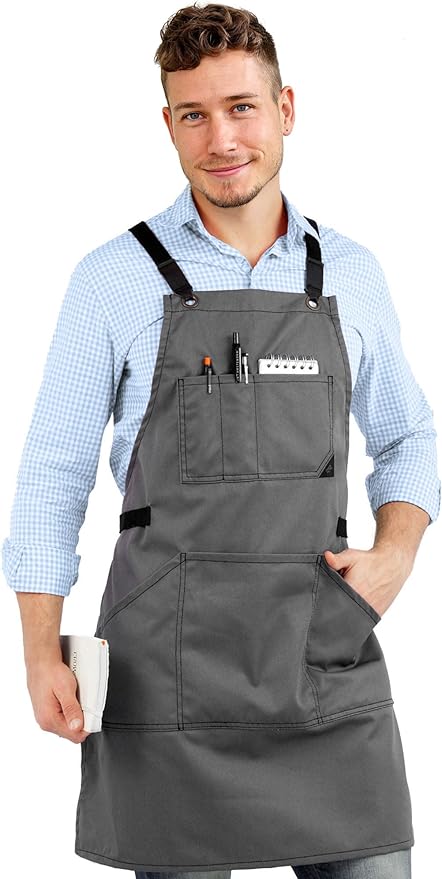 Under NY Sky Essential Armor Gray Apron – Cross-Back with Durable Twill and Leather Reinforcement – Adjustable for Men and Women – Pro Chef, Tattoo Artist, Baker, Barista, Bartender, Server Aprons