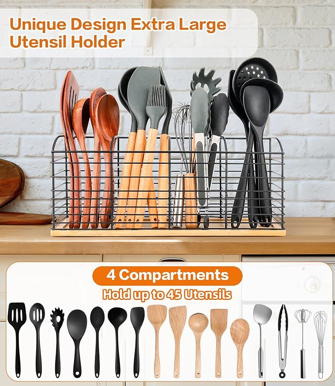 Extra Large Utensil Holder for Kitchen Counter - 15.7"x 6.7"x 4.4", Aesthetic Design, Anti-Slip Mat, 4 Compartments, Black Cooking Utensil Organizer for Countertop, Spatula Utensil Caddy