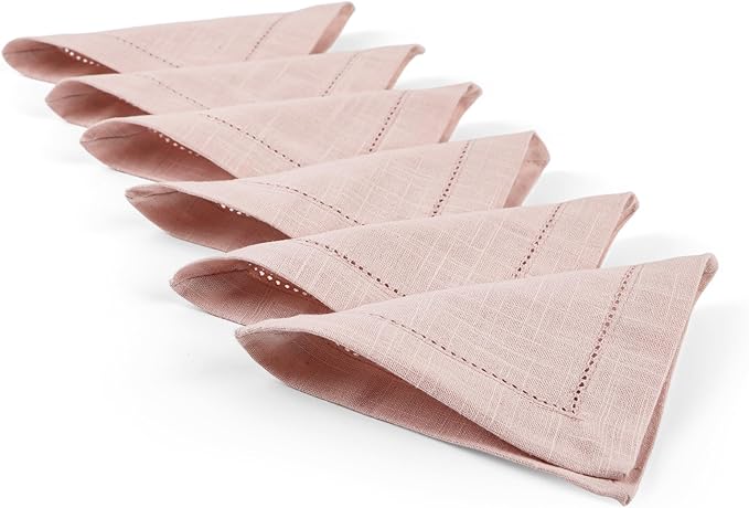 FINGERCRAFT Cocktail Napkins 6 x 6 Inch Premium Quality Cotton, Generous Hemstitch and Mitered Corner Set of 12 Coaster Cloth Pink