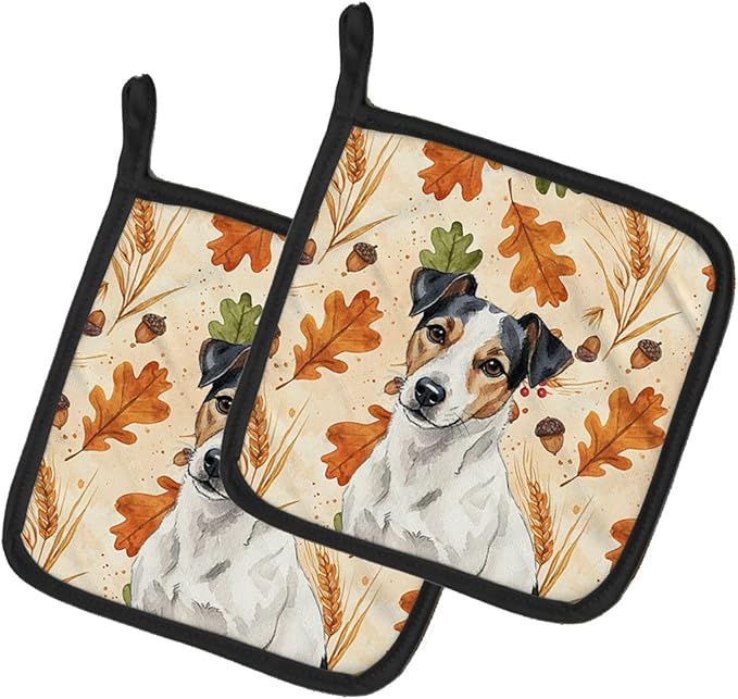 Caroline's Treasures White with Black Markings Russell Terrier Heirloom Fall Pair of Pot Holders Pair 7.5x7.5 Quilted Insulated Hot Pads Decorative Kitchen Gift Made in USA