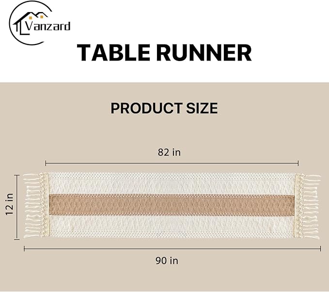 Boho Table Runner for Home Decor with Tassels 90 Inches Long, Farmhouse Rustic Cream & Brown Table Runners for Kitchen Holiday Party and Wedding Decor Runner (12x90in, Fringe Included)