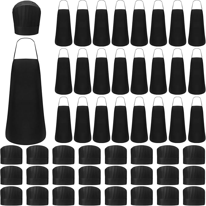 Coume Disposable Non Woven Apron Chef Hat Set, Adult Kitchen Aprons Adjustable Bakery Hats for Kitchen Cooking Baking