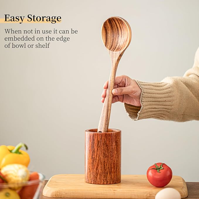 Gudamaye Wooden Soup Ladles, Natural Teak Wooden Spoons, 13 inch Big Deep Ladle for Cooking, Wood Kitchen Utensils Set