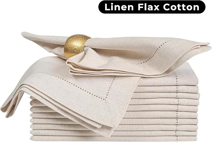 Homidate Linen Flax Cotton Cloth Dinner Napkins Set of 12 – 18x18 Natural Fabric with Hemstitched Mitered Corners – Machine Washable Wedding, Cocktail & Party Table Napkins