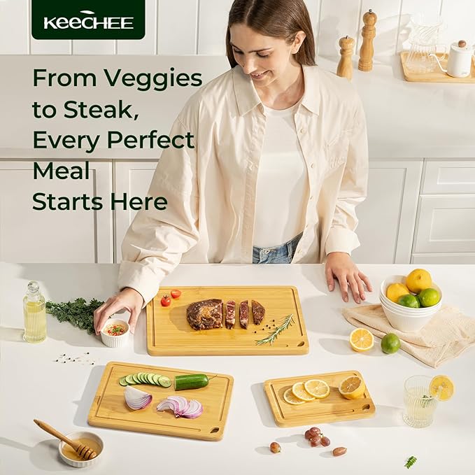 Keechee Wood Cutting Board for Kitchen - Reversible Bamboo Cutting Boards Gift Set of 3 with Juice Groove, Wooden Chopping Board for Meat, Fruit, Vegetables & Cheese (Pre Oiled, Natural)