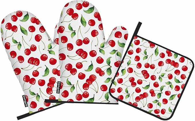 Red Cherry Oven Mitts and Pot Holders Sets Bright Cartoon Fruit Vibrant Heat Resistant 3pcs for Cooking Baking BBQ