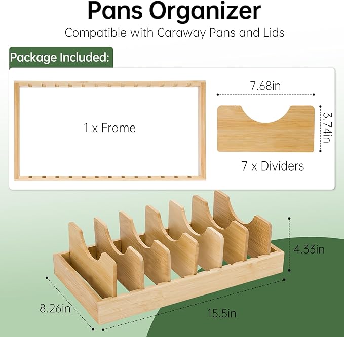 Pan Organizer Compatible with Caraway, Pots and Pans Organizer Under Cabinet, Bamboo Pot Lid Organizers with Adjustable Dividers, U-Shaped Lid Slots, Ideal for Kitchen Countertop and Cabinet Storage