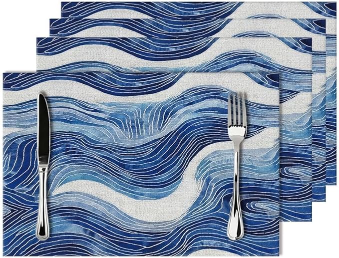 Blue and White Ocean Inspired Linen Placemats Set of 4, Washable Heat-Resistant Decorative Coastal Navy Blue White Wave Patterned Table Mats for Home Dining Parties, Gift for Beach Lovers, Home Decor