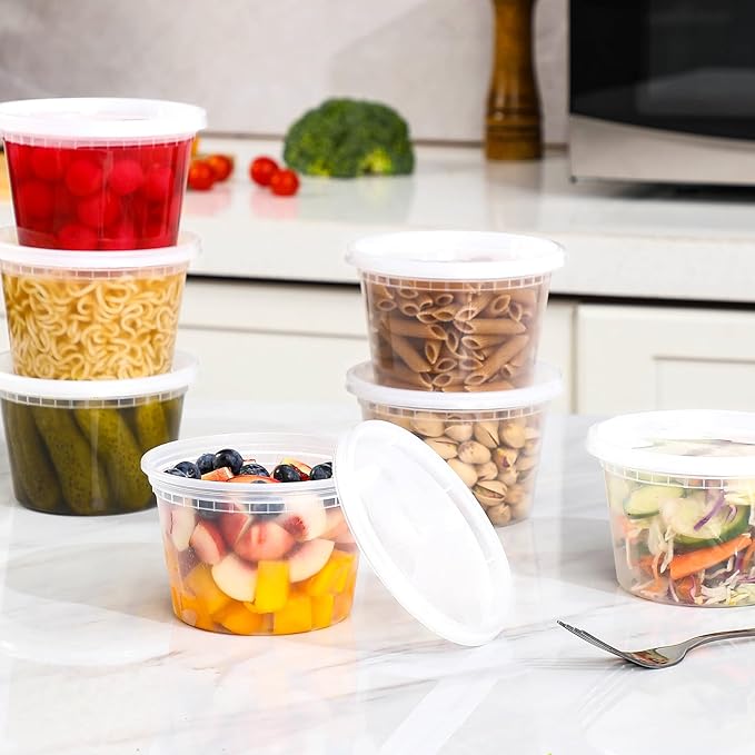 AOZITA 100 Sets 16 oz Plastic Deli Containers With Lids, Airtight Food Storage Containers, Freezer/Dishwasher/Microwave Safe, Takeout Meal Prep Storage
